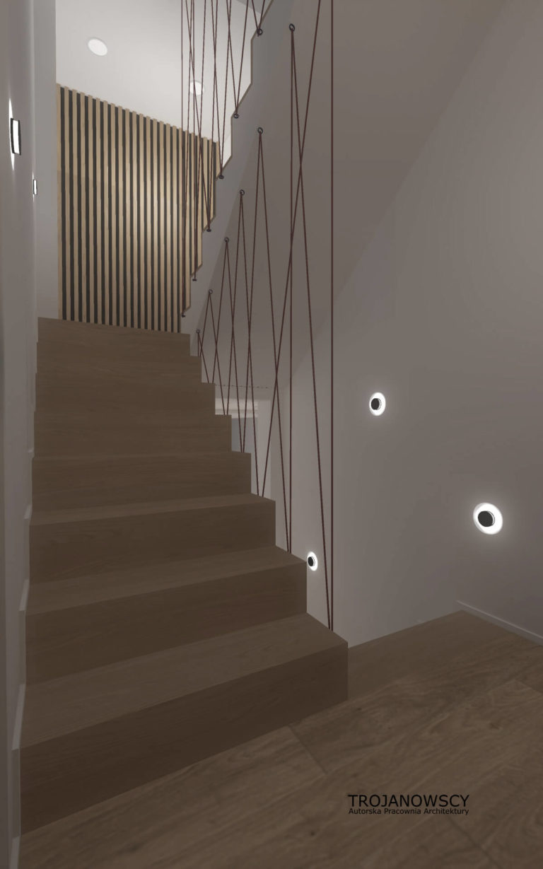 nowoczesne schody, oryginalne oświetlenie korytarza