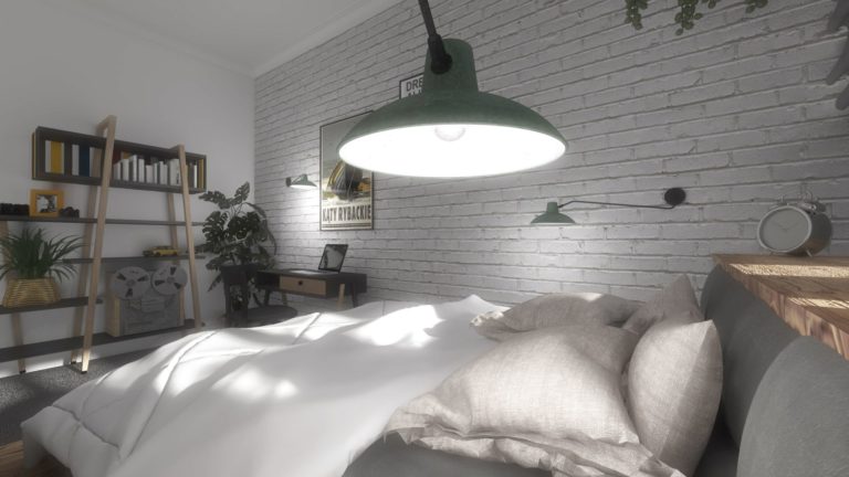 aranżacja sypialni nowoczesne oświetlenie biała cegła na ścianie